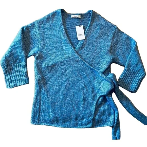NWT Zara The Knitwear Collection Baby Blue Chunky Oversized Wrap Sweater - Picture 1 of 12